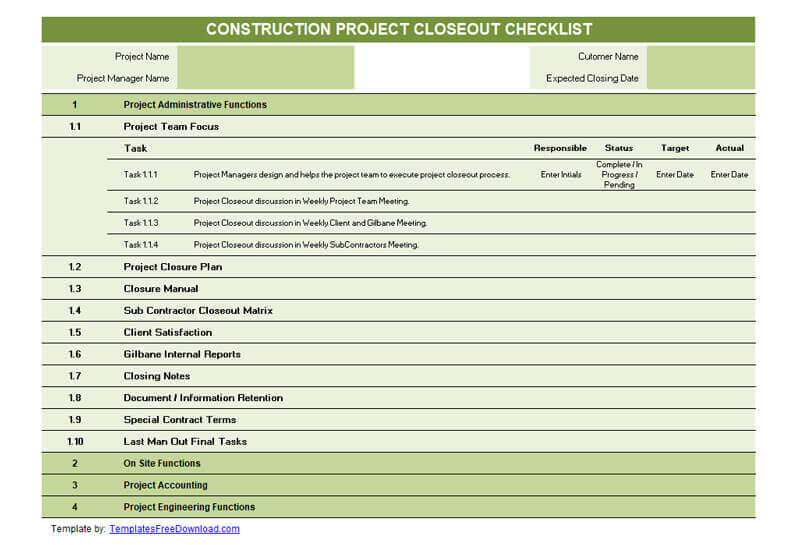 Construction Project Close Out Report Template