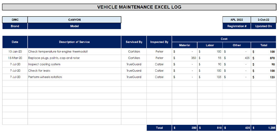 Best Free Fleet Maintenance Spreadsheet Excel Fleet Service Logs