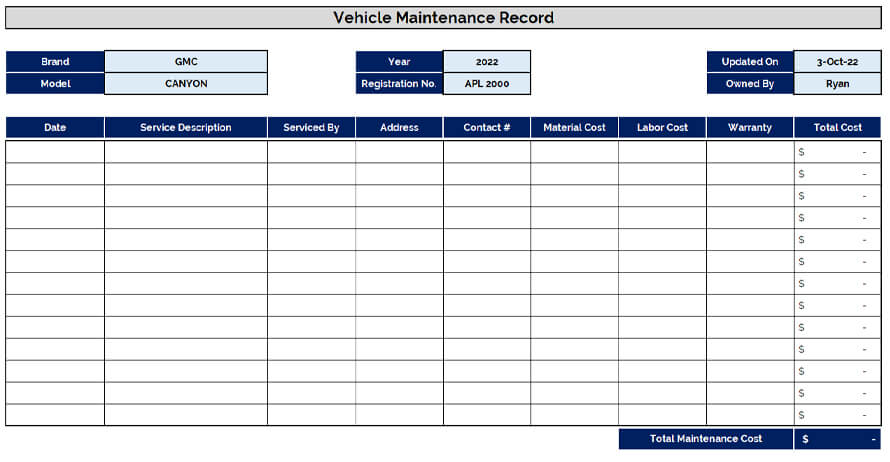 Vehicle Maintenance Record